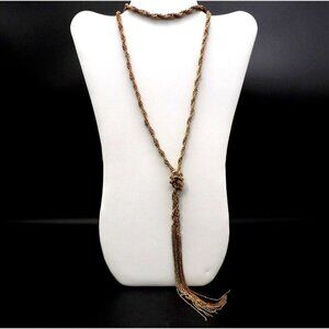 Gold Tone Long Twisted Rope Chain Necklace Knotted with Metal Tassels